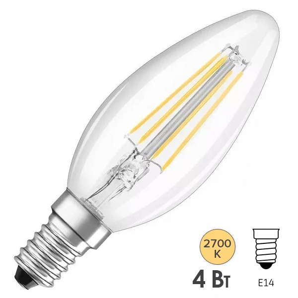 Лампа филаментная свеча Osram LED SCL B40 4W/827 2700K 220V E14 прозрачная