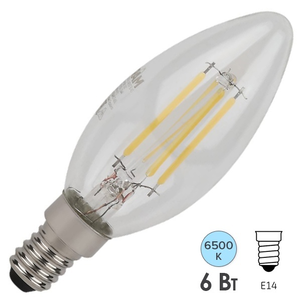 Лампа филаментная свеча Osram LED SCL B75 6W/865 6500K 220V E14 прозрачная