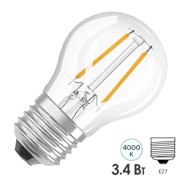 Светодиодная лампа шарик Osram LED SUPERSTAR+ CL P 3,4W (40W) 4000K E27 CL диммируемая филаментная
