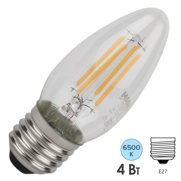 Лампа филаментная свеча Osram LED SCL B40 4W/865 6500K 220V E27 прозрачная