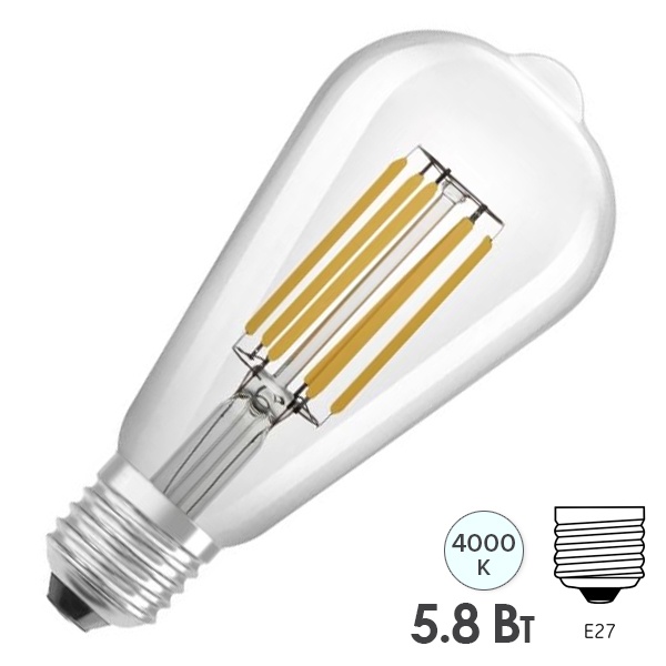 Лампа светодиодная филаментная капля Osram LSSP Edison 60 5,8W/940 4000K 220V E27 DIM прозрачная