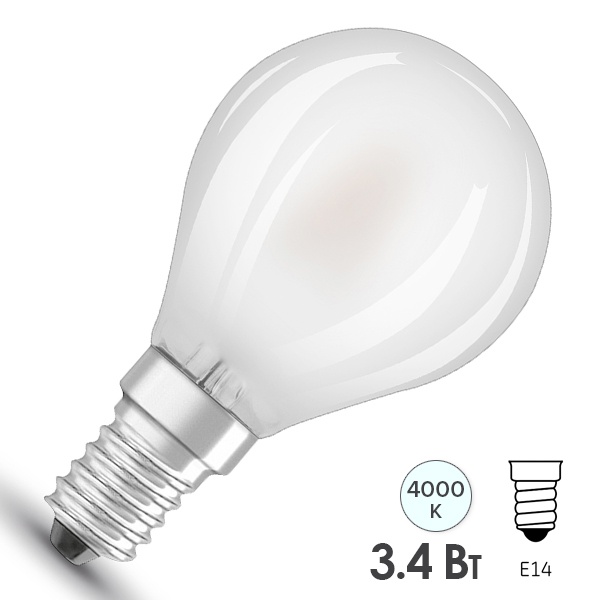 Светодиодная лампа шарик Osram LED SUPERSTAR+ CL P 3,4W (40W) 4000K E14 FR диммируемая филаментная