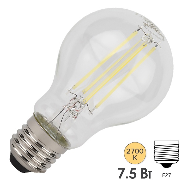 Лампа светодиодная филаментная Osram LED STAR CL A 7,5W/827 2700K 220V E27 прозрачная теплый свет