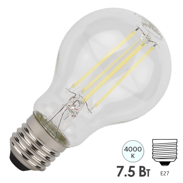 Лампа светодиодная филаментная Osram LED STAR CL A 7,5W/840 4000K 220V E27 прозрачная холодный свет
