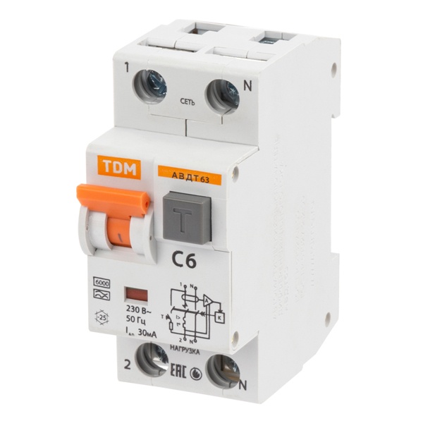 Дифференциальный автомат TDM 1П+Н C6А 30мА тип А однофазный электронный 6кА АВДТ63 (дифавтомат, АВДТ)