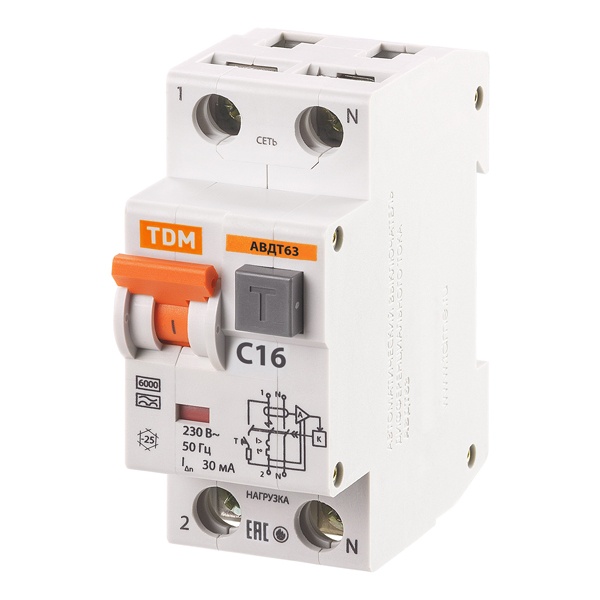 Дифференциальный автомат TDM 1П+Н C16А 30мА тип А однофазный электронный 6кА АВДТ63 (дифавтомат, АВДТ)