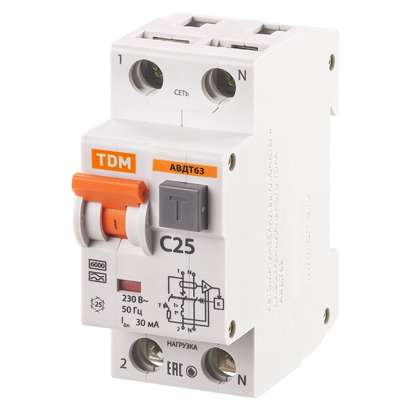 Дифференциальный автомат TDM 1П+Н C25А 30мА тип А однофазный электронный 6кА АВДТ63 (дифавтомат, АВДТ)