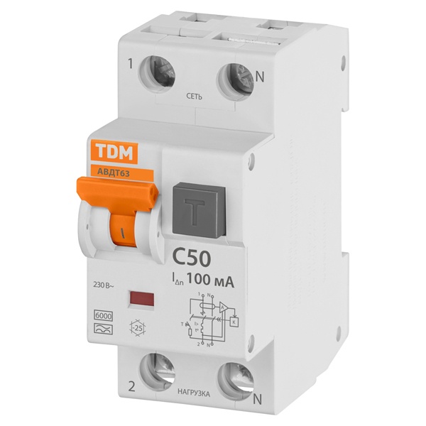 Дифференциальный автомат TDM 1П+Н C50А 100мА тип А однофазный электронный 6кА АВДТ63 (дифавтомат, АВДТ)