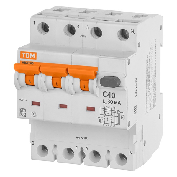 Дифференциальный автомат TDM 4П(3П+Н) C40А 30мА тип А трехфазный электронный 6кА АВДТ63 (дифавтомат, АВДТ)