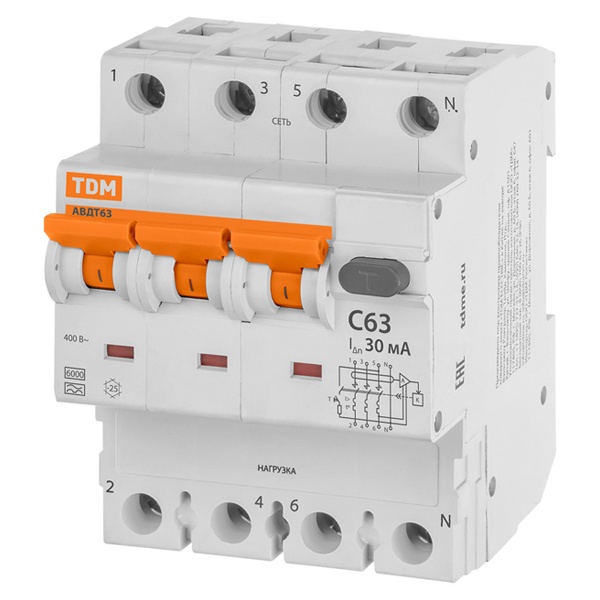 Дифференциальный автомат TDM 4П(3П+Н) C63А 30мА тип А трехфазный электронный 6кА АВДТ63 (дифавтомат, АВДТ)