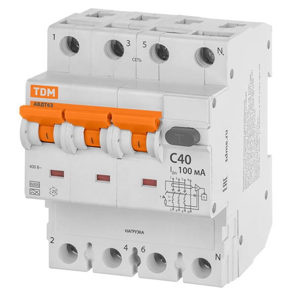 Дифференциальный автомат TDM 4П(3П+Н) C40А 100мА тип А трехфазный электронный 6кА АВДТ63 (дифавтомат, АВДТ)