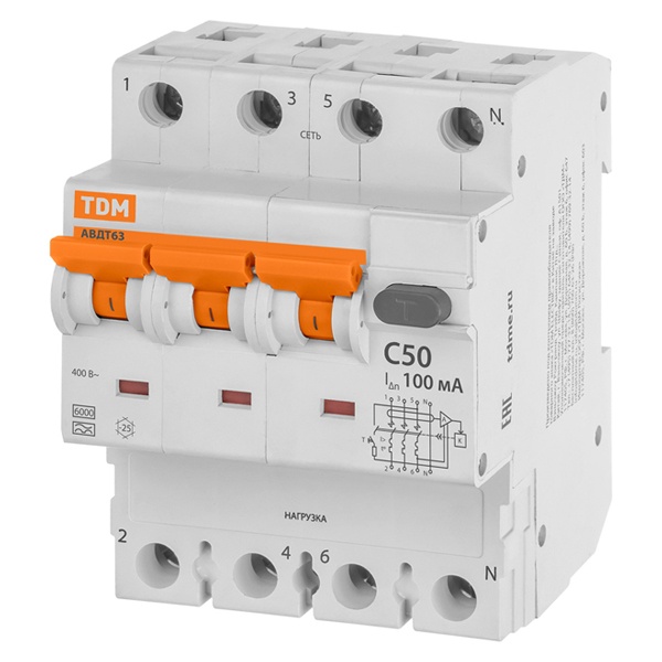 Дифференциальный автомат TDM 4П(3П+Н) C50А 100мА тип А трехфазный электронный 6кА АВДТ63 (дифавтомат, АВДТ)