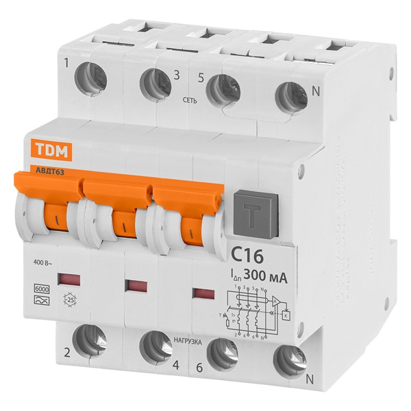 Дифференциальный автомат TDM 4П(3П+Н) C16А 300мА тип А трехфазный электронный 6кА АВДТ63 (дифавтомат, АВДТ)