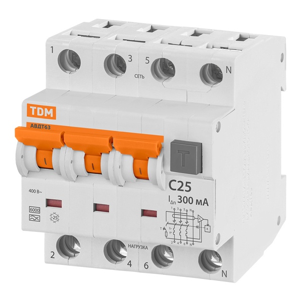 Дифференциальный автомат TDM 4П(3П+Н) C25А 300мА тип А трехфазный электронный 6кА АВДТ63 (дифавтомат, АВДТ)