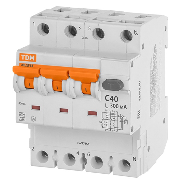 Дифференциальный автомат TDM 4П(3П+Н) C40А 300мА тип А трехфазный электронный 6кА АВДТ63 (дифавтомат, АВДТ)