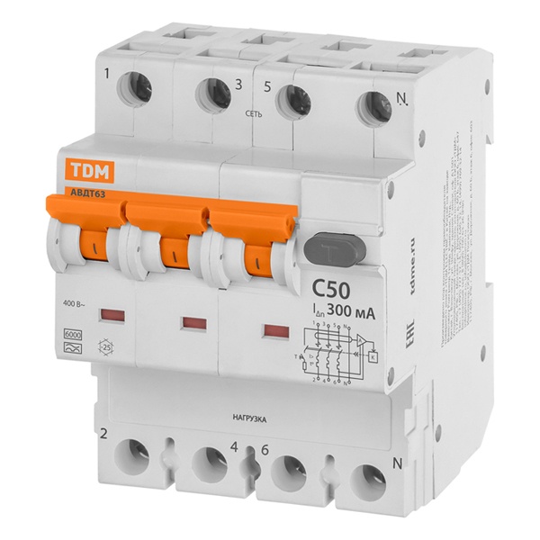 Дифференциальный автомат TDM 4П(3П+Н) C50А 300мА тип А трехфазный электронный 6кА АВДТ63 (дифавтомат, АВДТ)