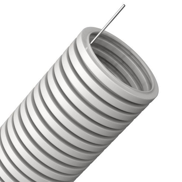 Труба гофрированная ПВХ ИЭК 20 мм гибкая лёгкая с протяжкой серая [бухта 25м] (гофра для кабеля)