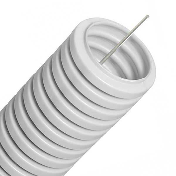 Труба гофрированная ПВХ Промрукав 20 мм гибкая лёгкая с протяжкой 350 Н серая [бухта 100м] (гофра для кабеля)