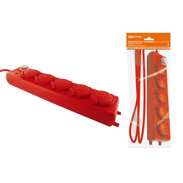 Удлинитель силовой TDM Уз16-05В с крышками с выключателем IP44 5 гнезд 10м КГ 3х1,5 мм