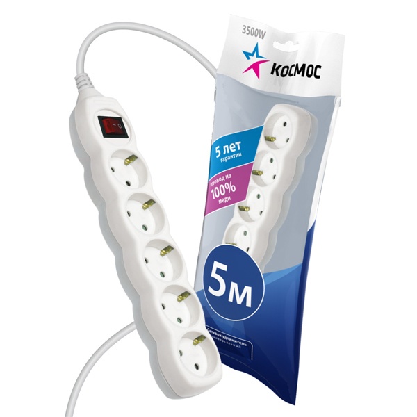 Удлинитель Космос 5 розеток 5м с заземлением с выключателем 16А IP20 ПВС 3х1 белый
