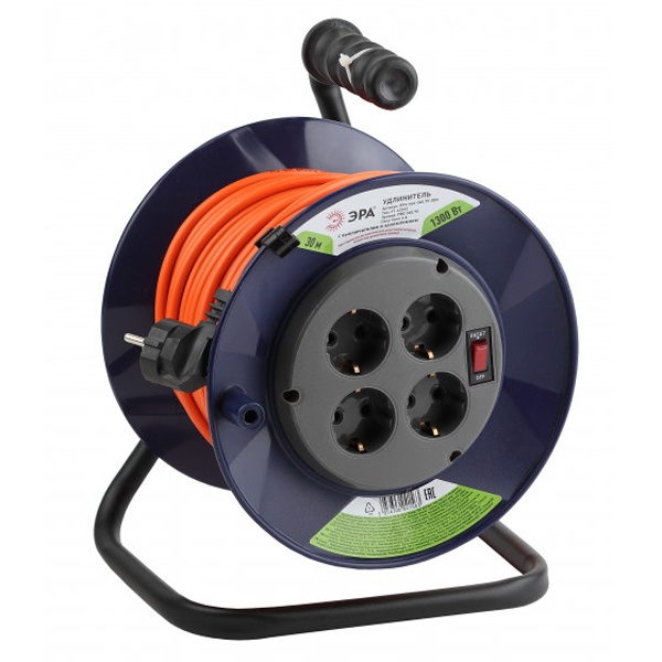 Удлинитель силовой ЭРА RPx-4es-3х0.75-30m пластиковая катушка с заземлением 4 розетки 30м ПВС 3х0,75