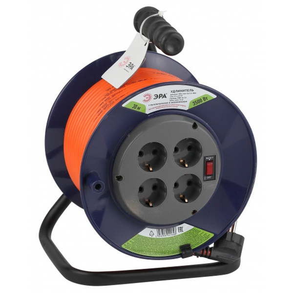 Удлинитель силовой ЭРА RPx-4es-3x1.5-30m пластиковая катушка заземление 4 розетки 30м ПВС 3х1.5мм2
