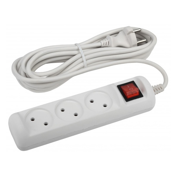Удлинитель ЭРА U-3s-5m-2x1 без заземления c выключателем 3 розетки 5м ПВС 2x1мм2 10А