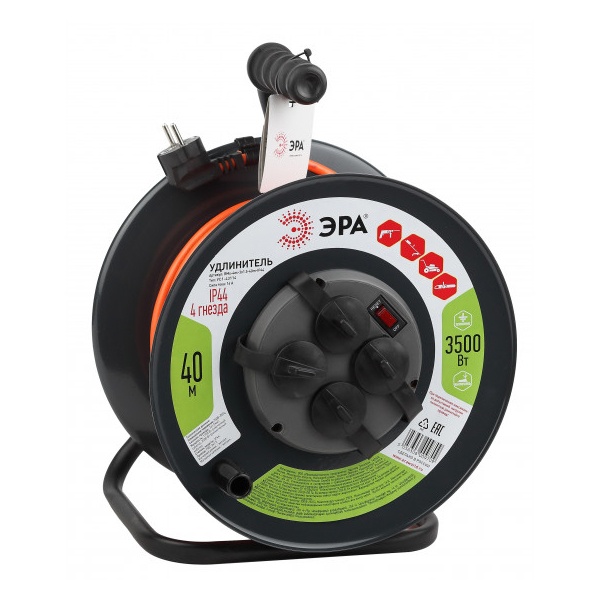 Удлинитель силовой ЭРА RMx-4es-3x1,5-40m-IP44 на катушке c заземлением 4 розетки 40м ПВС 3х1.5мм2