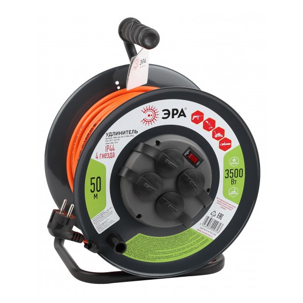 Удлинитель силовой ЭРА RMx-4es-3x1,5-50m-IP44 на катушке c заземлением 4 розетки 50м ПВС 3х1.5мм2