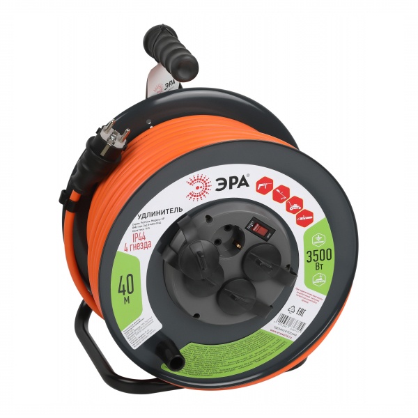 Удлинитель силовой ЭРА RMx-4es-3x2.5-40m-IP44 на катушке с заземлением с выключателем ПВС 3х2,5мм2