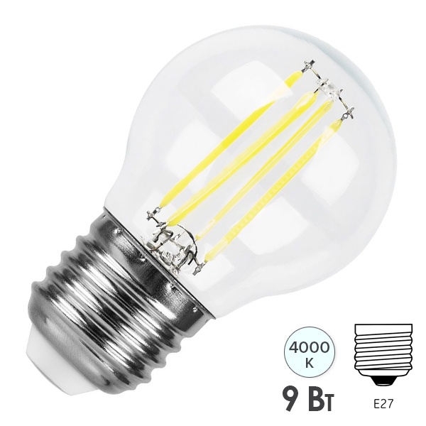 Лампа филаментная светодиодная шарик Feron LB-509 9W 4000K 220V E27 прозрачная