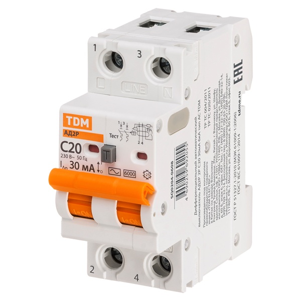 Дифференциальный автомат TDM АД2P 2Р С20А 30мА тип АС однофазный электронный 6кА АД2P (дифавтомат, АВДТ)