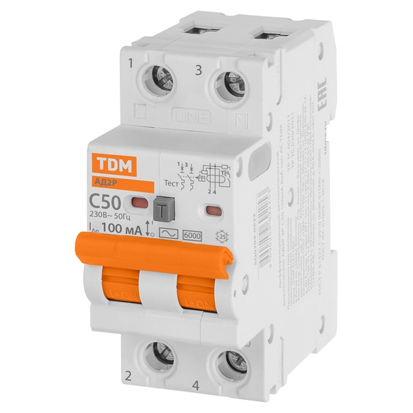 Дифференциальный автомат TDM АД2P 2Р С50А 100мА тип АС однофазный электронный 6кА АД2P (дифавтомат, АВДТ)