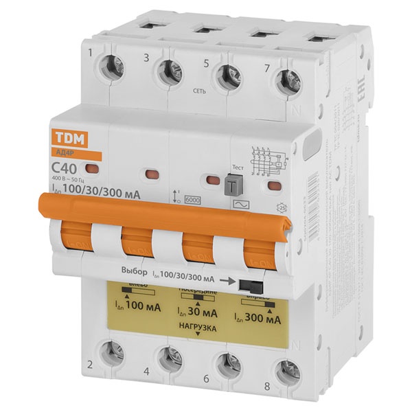 Дифференциальный автомат TDM АД4P 4Р С40А (30-100-300мА) тип АС трехфазный электронный 6кА АД4P (дифавтомат, АВДТ)