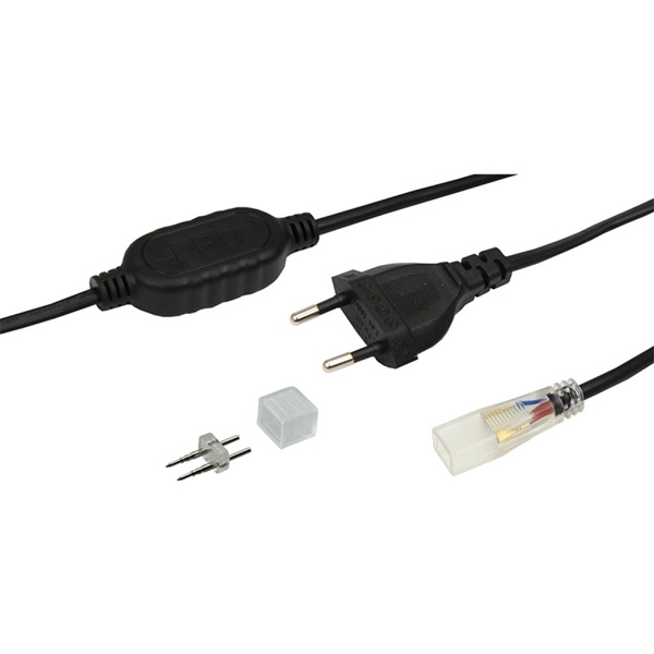 Установочный комплект для LED ленты 220В, 6.5x15мм, до 100м (шнур питания 4А, заглушка, коннектор)