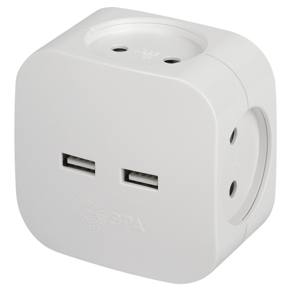 Разветвитель ЭРА SP-4-USB-W на 4 розетки 220В+2xUSB 2400мА без заземления 10А белый