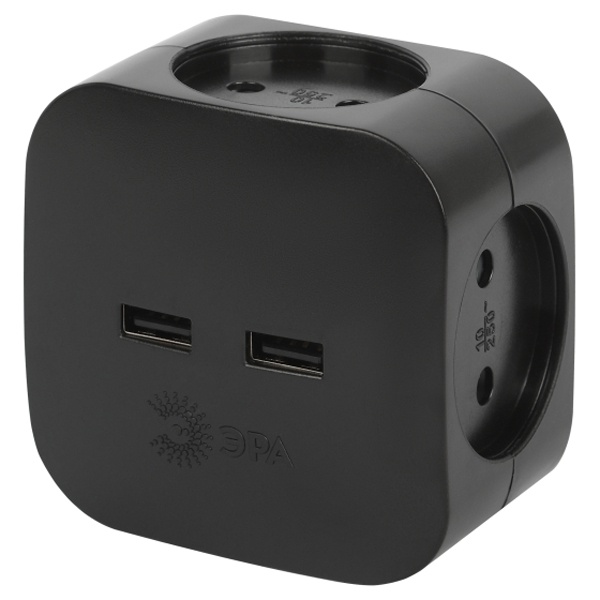 Разветвитель ЭРА SP-4-USB-B на 4 розетки 220V+2xUSB 2400mA без заземления 10А черный