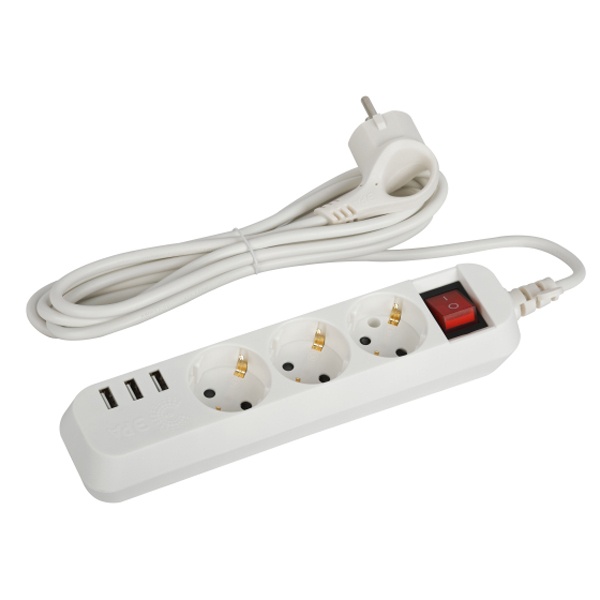 Удлинитель ЭРА U-3es-1,5m-USB c заземлением с выключателем 3 розетки + 3xUSBA 1,5м 10А белый