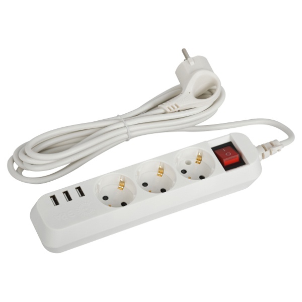 Удлинитель ЭРА U-3es-3m-USB c заземлением с выключателем 3 розетки + 3xUSBA 3м 10А белый
