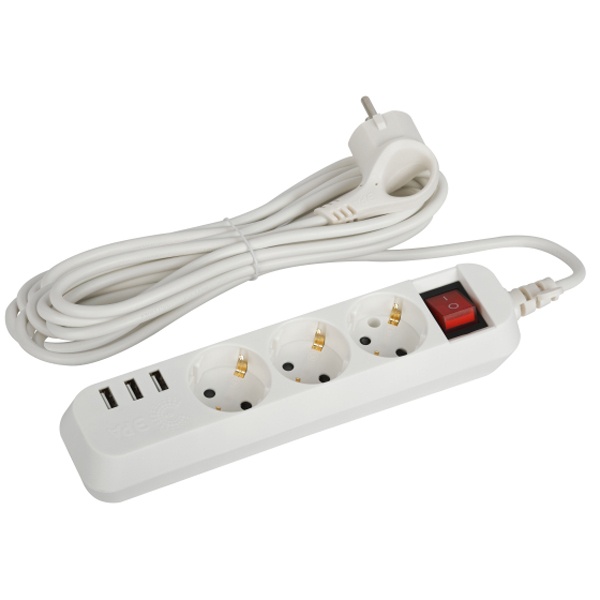 Удлинитель ЭРА U-3es-5m-USB c заземлением с выключателем 3 розетки + 3xUSBA 5м 10А белый