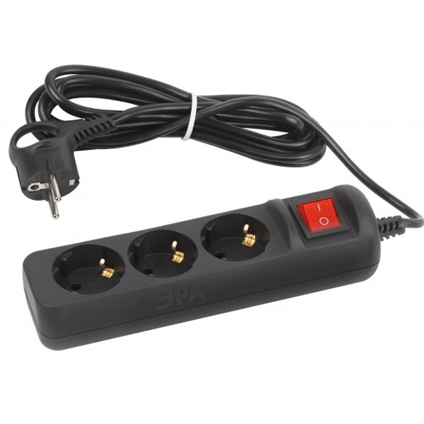 Удлинитель ЭРА UX-3es-3m-B с заземлением с выключателем 3 розетки 3м ПВС 3x0,75мм2 10А черный