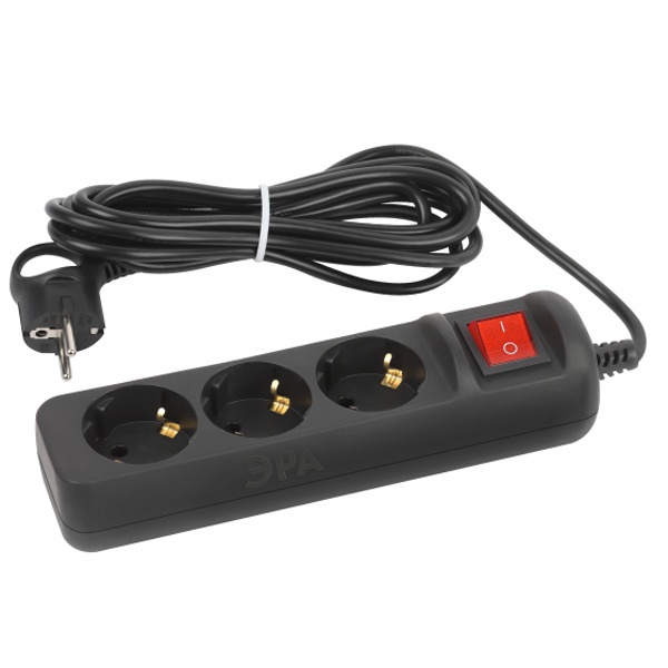 Удлинитель ЭРА UX-3es-5m-B с заземлением с выключателем 3 розетки 5м ПВС 3x0,75мм2 10А черный