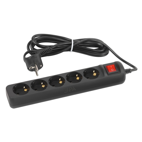 Удлинитель ЭРА UX-5es-1,5m-B с заземлением с выключателем 5 розеток 1,5м ПВС 3x0,75мм2 10А черный