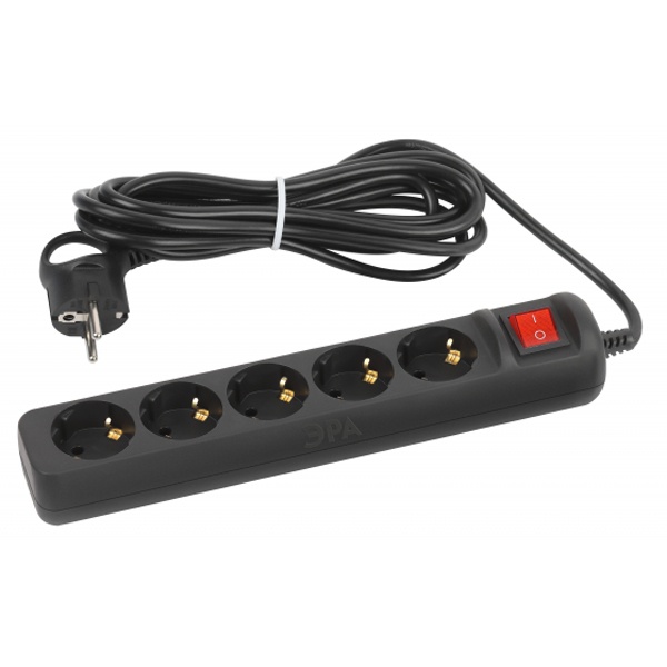 Удлинитель ЭРА UX-5es-5m-B с заземлением с выключателем 5 розеток 5м ПВС 3x0,75мм2 10А черный