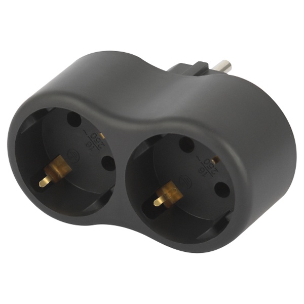 Тройник разветвитель электрический ЭРА SPx-2e-B на 2 розетки с заземлением 16А черный