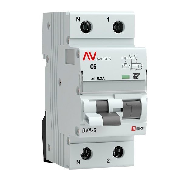 Дифавтомат EKF AVERES DVA-6 C6А 1P+N 30мА тип AC однофазный электромеханический 6кА (дифференциальный автомат, АВДТ)
