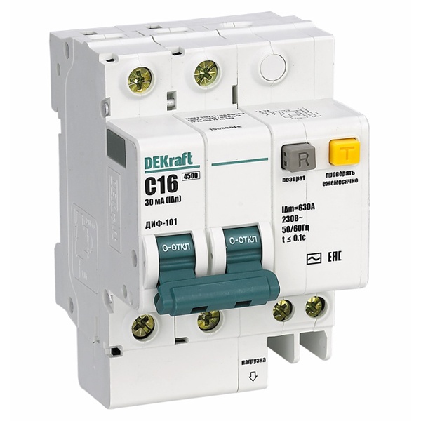 Дифференциальный автомат DEKraft ДИФ-101 электронный C10А 30мА тип АС 2P 4,5кА (дифавтомат, АВДТ)