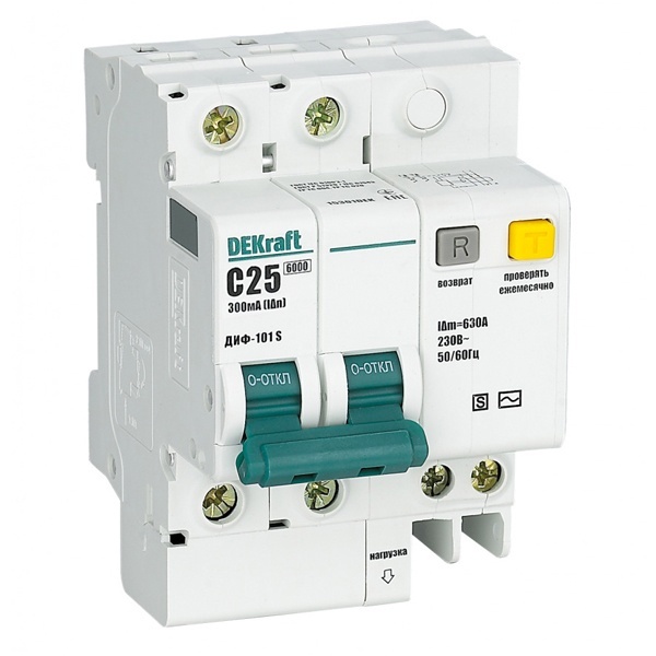 Дифференциальный автомат DEKraft ДИФ-101 электронный C25А 30мА тип АС 2P 4,5кА (дифавтомат, АВДТ)
