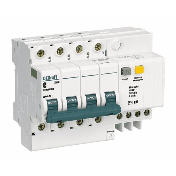 Дифференциальный автомат DEKraft ДИФ-101 электронный C32А 30мА тип АС 4P 4,5кА (дифавтомат, АВДТ)