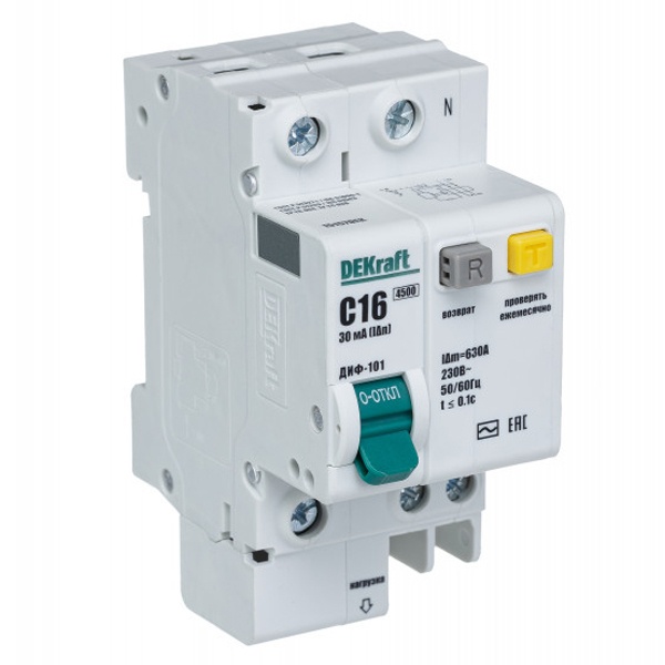 Дифференциальный автомат DEKraft ДИФ-101 электронный C16А 30мА тип АС 1P+N 4,5кА (дифавтомат, АВДТ)